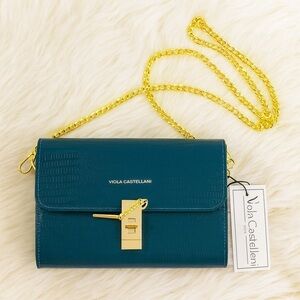 Viola Castellani Italian Leather Crossbody Purse – Teal Lizard Embossed – NWT